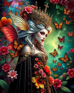 Masterpiece art amazing art picture in Luxurious 3d colorful fractals sharp colors,vibrant colors,neons colors standing pose sweet pose a vampire queen gothic hair silver, golden shiny adorned,in fractals 3d outside ,fractals colorfull, full of flowers,butterflies,leaves in 3d outside fractals background