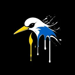 minimalistic logo of a white, blue and yellow small beak bird, dripping blood over black background