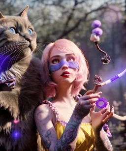 Ultra realistic photo, happy couple, blonde Alice woman and purple cat smoking a pipe, circus blue dress style, black headband with bow, old school body tattoo, smoke, marihuana garden, glow eyes, perfect iris, soft color, highly detailed, unreal engine 5, ray tracing, RTX, lumen lighting, ultra detail, volumetric lighting, high definition.