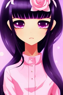 girl, cute, beautiful, black hair, long hair, straight hair, bangs, pink shirt, big eyes, brown eyes, close up portrait, anime