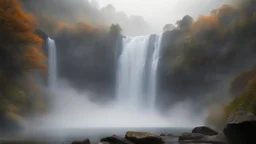 To the left of the bird, a waterfall cascades down the rocky face of the mountain, its misty veil rising into the air like an ethereal mist. The sound of the water is soothing, a gentle melody that harmonizes with the rustling of leaves and the soft, mournful cries of the vulture.