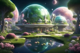 cosmic future city in space, small lake, particle, very pretty shrubs++, well-cut green grass and small flowers of all colors, small dome-shaped house