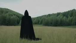 warrior in armor covered by black robe and hood in a field next to the forest