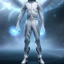 First image is of the main character's full body. He’s to look like a powerful angel with white robe, symbols on hands glowing, His background should be that of space above with stars and standing on a paradise of a planet. His belt can transform into a white dragon.