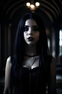 portrait of a beautiful petite young goth girl, long messy braided white-black hair, dressed in a laced corset, standing in a dimly lit crypt, pale smooth skin, piercing, evil, unholy necklace, realistic, sexy, cinematic lighting, highly detailed face, very high resolution, looking at the camera, centered