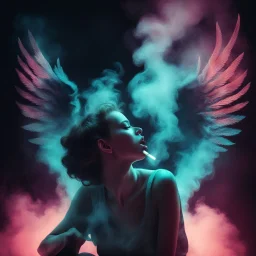 woman sitting forward Her face upward and blows cigarette smoke from their mouth upward. a figure with wings emerging from its back. behind the clouds of smoke look death. dark and mysterious neon light