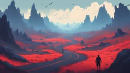 a vast landscape with different biomes, and blue good spirits on the left side, coming from the mountains, and bad red spirits on the right, coming from the forest. there is a silhouette of a man in the middle with a road connecting from him and the rest of the landscape.