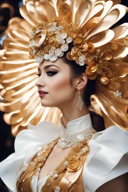 Avant-garde, caramel, candies, spirals, marshmallow, Taffeta, crystals, wired leather, enameled paper, felt, haberdashery, , shining, brocade , vibes, Fantasy, Close-up, smiling, Elegant Film photography, unique, angle side view, open forehead, , headwear wearable art, ancient elements, fashion model wearing wired avant-garde gown, silk flowers , embroidered, beadwork, extremely fine details, , beautiful colors palette, huge detailed eyes, eyelashes,