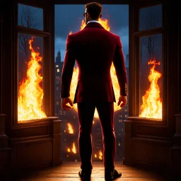 Hyper Realistic Photographic-Silhouette View of a handsome muscular Fire-Superhero wearing long-fancy-Maroon-tuxedo with-golden-flame-patterns on back of his tuxedo, fancy-red-sunglasses with fire-embers-around-him & standing on a vintage-crafted-balcony & open-fancy-burning-windows at dark night showing dramatic & cinematic ambiance.