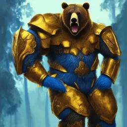 An angry bear in blue and gold armor, background of Inka jungle, high detail, smooth, realistic, digital illustration, Artstation, artgerm,