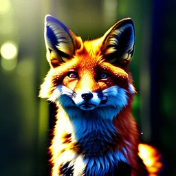 a fox fursona, darker colors, master quality, backlighting, soft lights, full body portrait, in frame, 8k, furry, fur, dark color pallet, robotic arm, cyberpunk, anthropomorphic, perfectly drawn face, well drawn paws