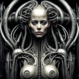 The biomechanical woman created by HR Giger, famous for his work on the Alien franchise, is a striking and surreal fusion of organic and mechanical elements. Her body is often depicted as a complex network of tubes, cables, and other mechanical components seamlessly integrated with her human form. The result is a truly unique and unsettling creature that blurs the line between man and machine. Giger's biomechanical women are often depicted in a state of eerie calm, their features an unsettling m