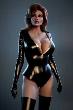 Raquel Welch as evil queen in black leather gown, angry, busty, curvey, cleavage, unreal 5, octane render, cinema4d, dynamic lighting, dramatic lighting, 4k, redshift render, highly detailed, hyper realistic