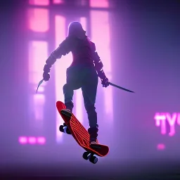 photo of a ninja riding a skateboard; in an alternate universe in tokyo; cyberpunk; realistic; rain; neon signs