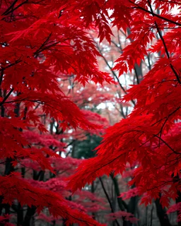 Forest scene under a canopy of vibrant red leaves, crimson foliage cascading overhead, dominance of a singular hue, Miki Asai Macro photography, close-up, hyper-detailed, sharp focus, studio photo, Greg Rutkowski style, trending on ArtStation, intricate details, highly detailed, ultra-realistic.