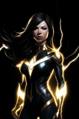 superhero that is a woman and has lightning powers and has a GYATT that is a brunette her super suit is a light gold in a black background