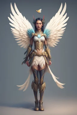 human female with a bird head character with strong wings and a lightbow