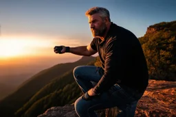 a brawny man with grey hair views sunset from a cliff