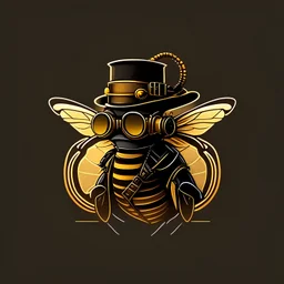 logo profile full body bee wearing steampunk googles and hat, flat minimalist style dark background