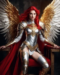 Gorgeous Photography Beautiful Woman dressing silver and golden knight armor with glowing red eyes, and a ghostly red flowing cape, crimson trim flows throughout the armor, golden and silver spikes erupt from the shoulder pads, silver and gold angel wings, crimson hair, spikes erupting from the shoulder pads and gauntlets sitting on luxury big chair in hellfire background