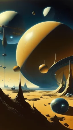 En primer plano satélites orbitando alrededor de un planeta, escenario futurista del año 2135, de fondo los demás planetas que conforman ese sistema con el estilo de Salvador Dalí