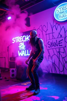 An "Mischief man" performing at dance club, his name is "Janne" bald with beard and looks crazy, Paint on stage, Neon lights and smog, "STRECK ON THE WALLS" SIGN ON WALL, white walls with black paint lines