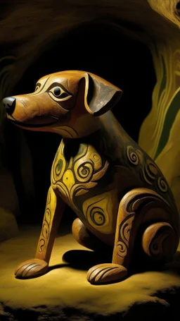 A brown earth elemental dog designed in cave paintings painted by Paul Gauguin