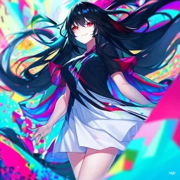 Clear focus, high resolution, black long fluffy hair, red eyes, wearing a colorful outfit with a white short skirt, doing a evil smile, Style Vtuber, Colorful