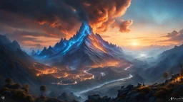 A mountain side burning with powerfull, blue magic. Valley. dark fantasy concept art, exquisite realism, a masterpiece, dynamic lighting, hyperdetailed, intricately detailed, deep color, Unreal Engine, volumetric lighting , Epic cinematic brilliant stunning intricate meticulously detailed dramatic atmospheric maximal,