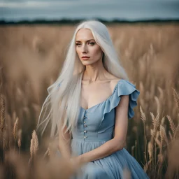 A pale, emaciated woman in an English blue dress and long white hair, she stands against the background of the field and looks to the right, portrait