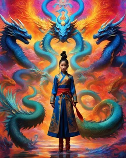 Multiple image fractals psychedelic vibrant colors featuring a girl chinese kungfu fighter character in traditional attire standing confidently with two majestic dragons flanking them, set against a vibrant and colorful backdrop that suggests an otherworldly realm. The dragons should have intricate scales and piercing eyes, and the atmosphere should be filled with a sense of magic and awe.