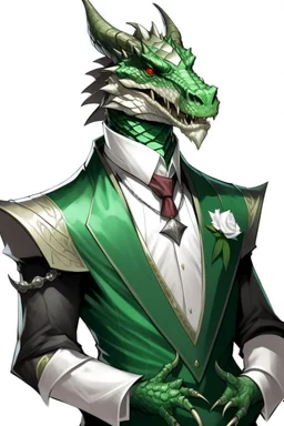 A silver Dragonborn from dnd wearing a tuxedo green eys