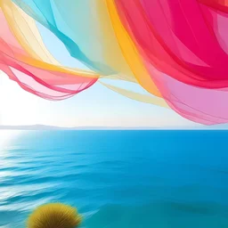 A white curtain above the sea, turquoise, pink, orange, yellow, wind blowing, moebius style