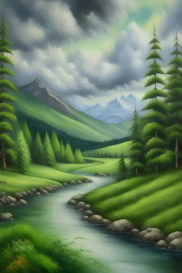 Nature's Serenity: Green Trees, Rivers, Mountains, and Clouds" oil painting --- 16:3