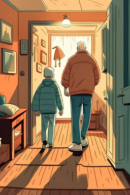 Make this into a 9:16 image (bit art style): A dad and a son walk into a room of a grandma sleeping peacefully