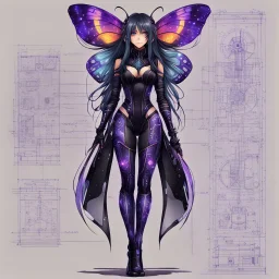 full body portrait illustration , long hair, with detailed blueprints and engineering schematics of a walking hybrid Madagascan sunset moth insect girl, antennae, black sclera, in anime style, with highly detailed facial features, drawings, and technical notation, 8k, vibrant natural colors, purple tight latex bodysuit