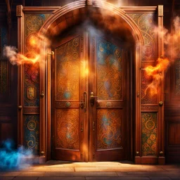 Half opened massive wooden door with lots of engraved magical symbols. Colorfull magical smoke coming out of the door opening. Harry Potter. Magical. Epic. Dramatic, highly detailed, digital painting, masterpiece