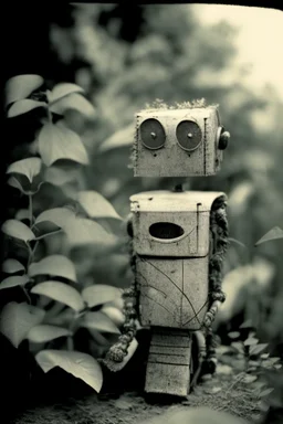 rollerflex photograph 1950s, dusty, robot made from toilet paper and infected with ivy, 4k, f1.2 50mm, dark vignette