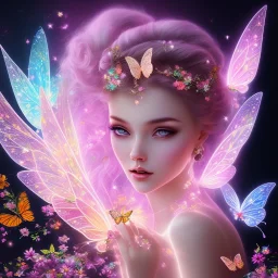 bright fairy, beautiful portrait, flowery luminous pastel colors, butterfly