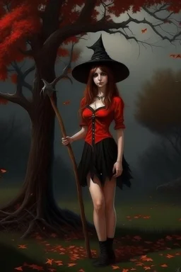 a young witch in a red low-cut short skirt, standing under a black tree, with a staff in one hand, photorealistic, delicate detail.