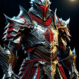 silver and gold knight armor with glowing red eyes, and a ghostly red flowing cape, crimson trim flows throughout the armor, the helmet is fully covering the face, black and red spikes erupt from the shoulder pads, crimson hair coming out the helmet, spikes erupting from the shoulder pads and gauntlets