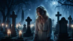 High-resolution, ultra-realistic, 4K cinematic image of a dimly lit villager cemetery at 3am. A blonde very sad woman dressed in white vintage Nightgown. With an expression of pain, closed eyes, crying, surrounded by tombstones and some dark tree, some candle, dark blue night with stars.