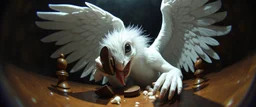 fish eye lense, pin hole cam, master oil painting by Rembrandt, realistic rendering one eyed chess blinding white angel harpy, wild gnawing on pieces