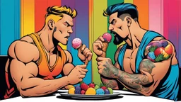 A comic-style illustration featuring two muscular, tattooed men sitting across from each other at a table. Their intense gazes are focused on a comic-style illustration massive ice cream glass filled with a colorful medley of fruit-flavored scoops. Holding spoons in their hands, both men exude anger and tension, vying for the opportunity to dig in. The background is a blurred cafe scene, with bright lights and a sense of cinematic drama. This humorous and high-detailed captures