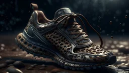 Fotorealtà delle splendide scarpe da RUNNING IN OF ROAD a forma di LEOPARDO di lee jeffries, 8k, dettagli elevati, rendering fluido, unreal engine 5, cinema 4d, HDR, effetto LUCIDO, colori BRILLANTI