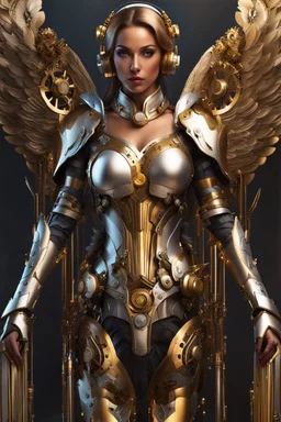 Photo Full body Lady Angel cyborg straddle wings, using traditional armor,detailed, intricate,gears cogs cables wires circuits, gold silver chrome copper,abstract background