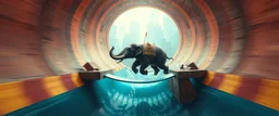 bear ant eater hi speed elephant floating in 4 dimensional platform game in a water slide, goa trance movie poster, stylized art, pin hole photo, motion blur