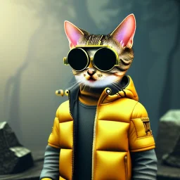 Cat toddler, steampunk headphone, sunglass, gangsta neckless, full body, yellow puffer jacket, tokio background, dramatic lighting, hyper realistic, unreal engine 5, 16k