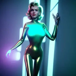 Realistic movie image, retro sci-fi, portrait, blonde action woman, sweet Marylin Monroe face, perfect iris, glow eyes. tight latex tights suit. City, metropoli movie style . epic style, soft color, highly detailed, unreal engine 5, ray tracing, RTX, lumen lighting, ultra detail, volumetric lighting, 3d, finely drawn, high definition, high resolution.