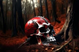 city of the dead, dead red forest, skull of sauron, realistic image, photographic image